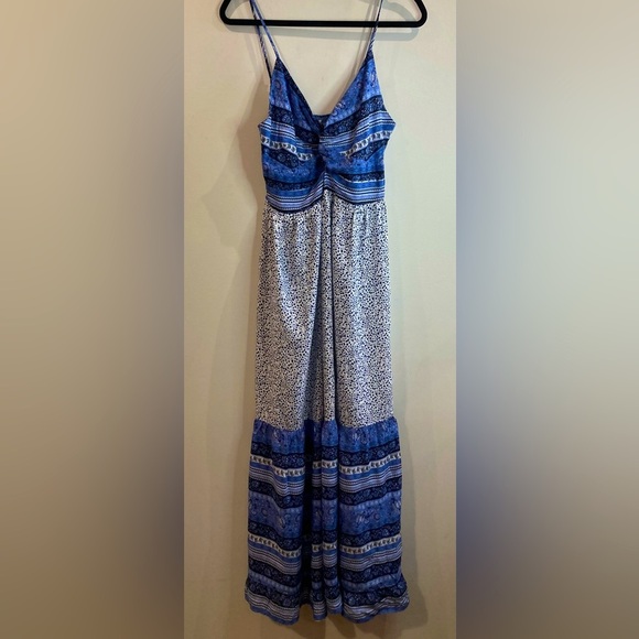 JAPNA Sz L Ruffle Hem Tiered Criss Cross Peep Bodice Spaghetti Straps Maxi Dress - Picture 2 of 12